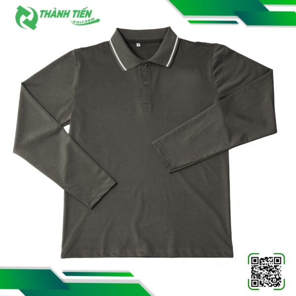 Mẫu Áo Thun Tay Dài Đồng Phục Màu Xám Đen Phối Cổ Viền Trắng