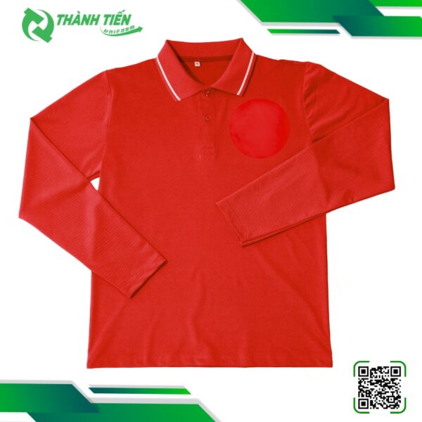 Mẫu Áo Thun Tay Dài Đồng Phục Màu Đỏ Phối Cổ Viền Trắng