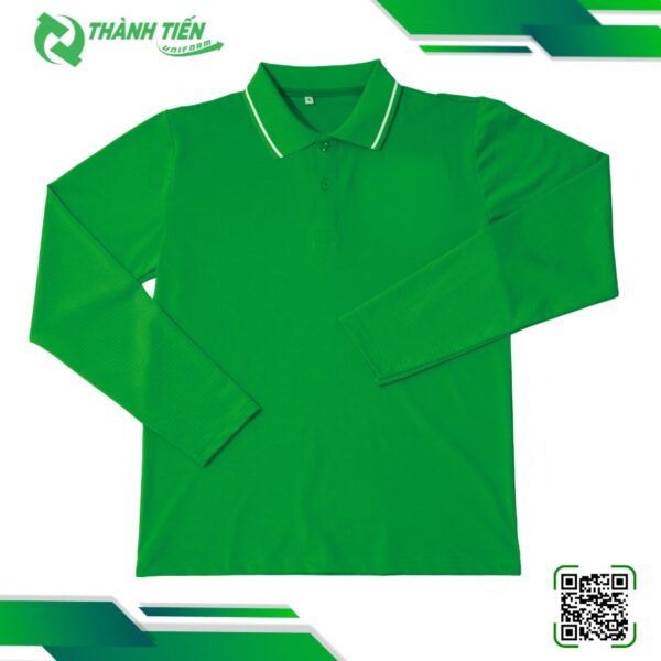Mẫu Áo Thun Tay Dài Đồng Phục Màu Xanh Lá Phối Cổ Viền Trắng