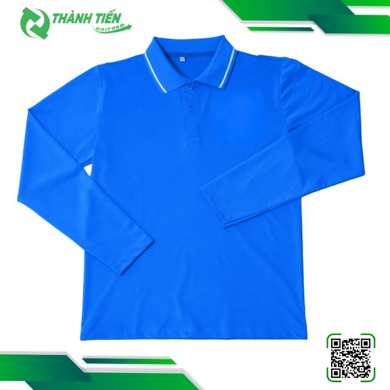 Mẫu Áo Thun Tay Dài Đồng Phục Màu Xanh Dương Phối Cổ Viền Trắng