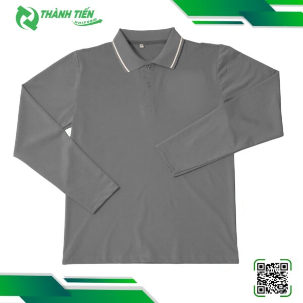 Mẫu Áo Thun Tay Dài Đồng Phục Màu Xám Phối Cổ Viền Trắng