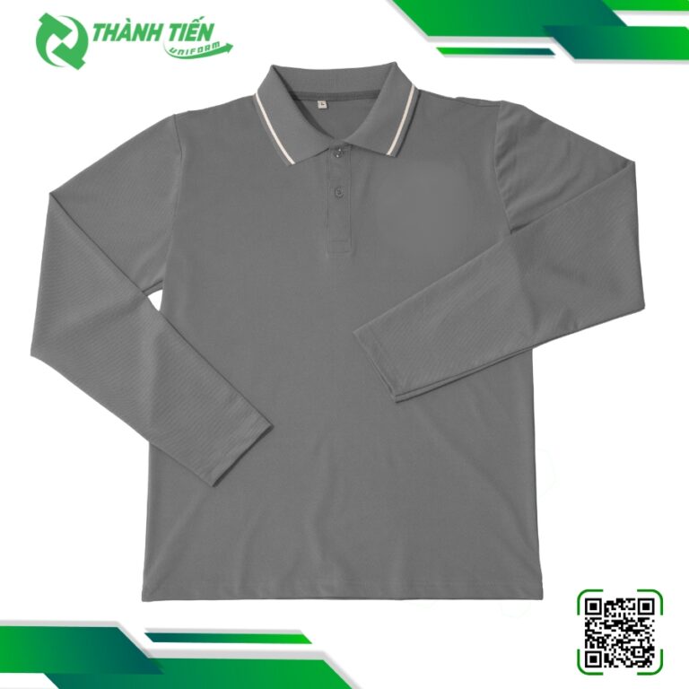 Mẫu Áo Thun Tay Dài Đồng Phục Màu Xám Phối Cổ Viền Trắng