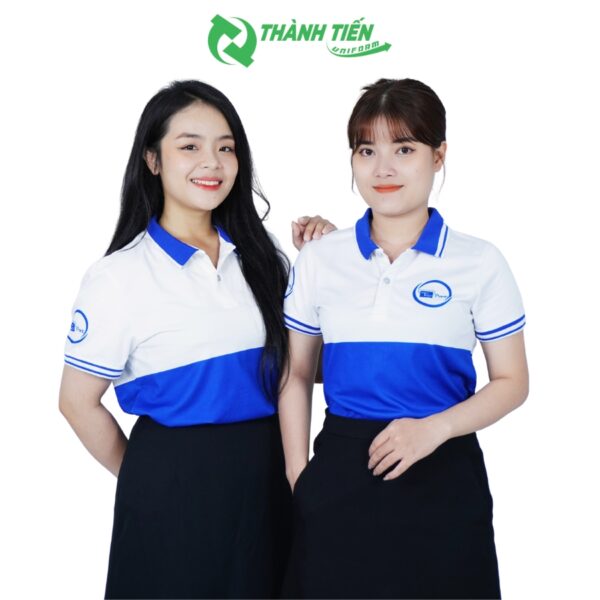 Mẫu áo polo đồng phục công ty Topprint màu xanh dương phối trắng