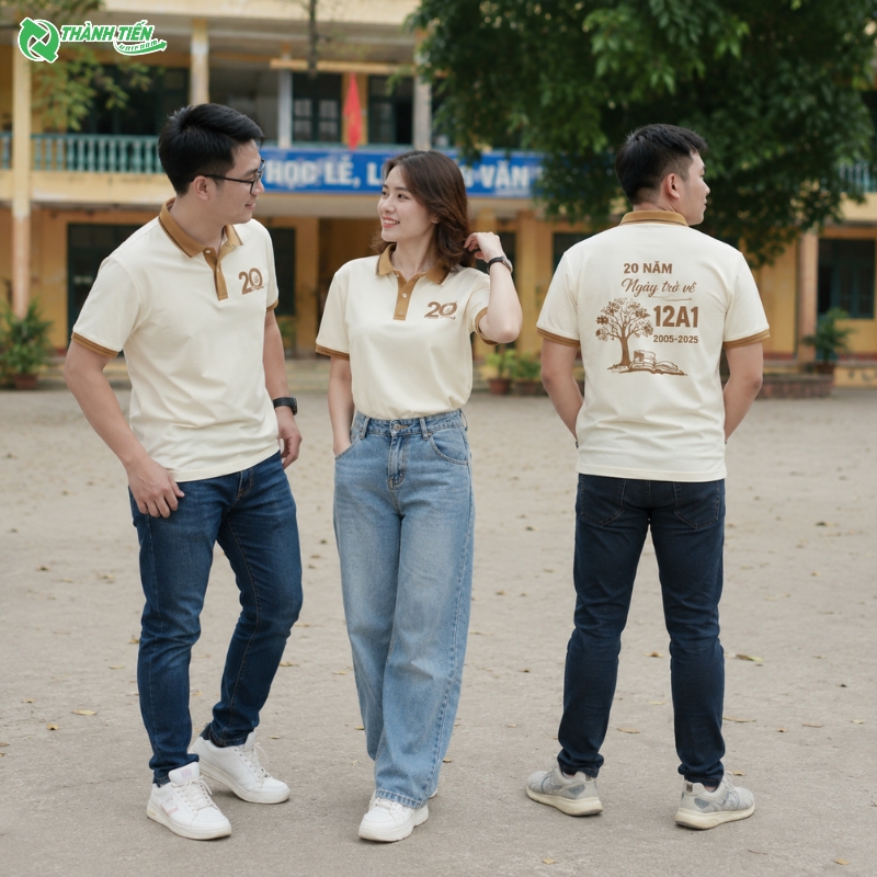 Mẫu áo đồng phục họp lớp 20 năm màu be sang trọng