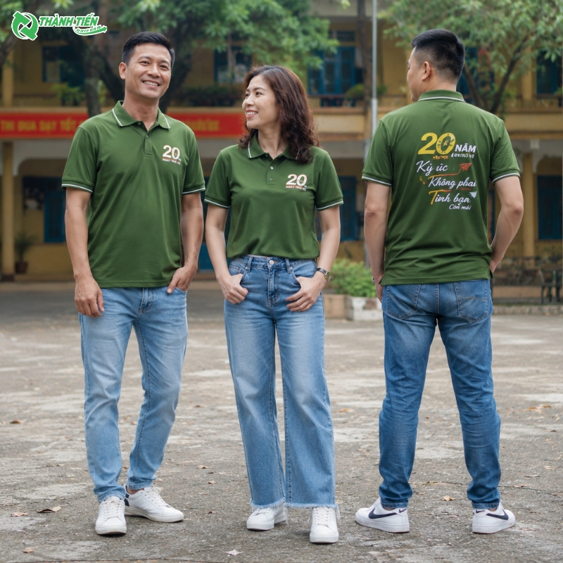 Mẫu áo đồng phục họp lớp 20 năm màu xanh rêu đẹp