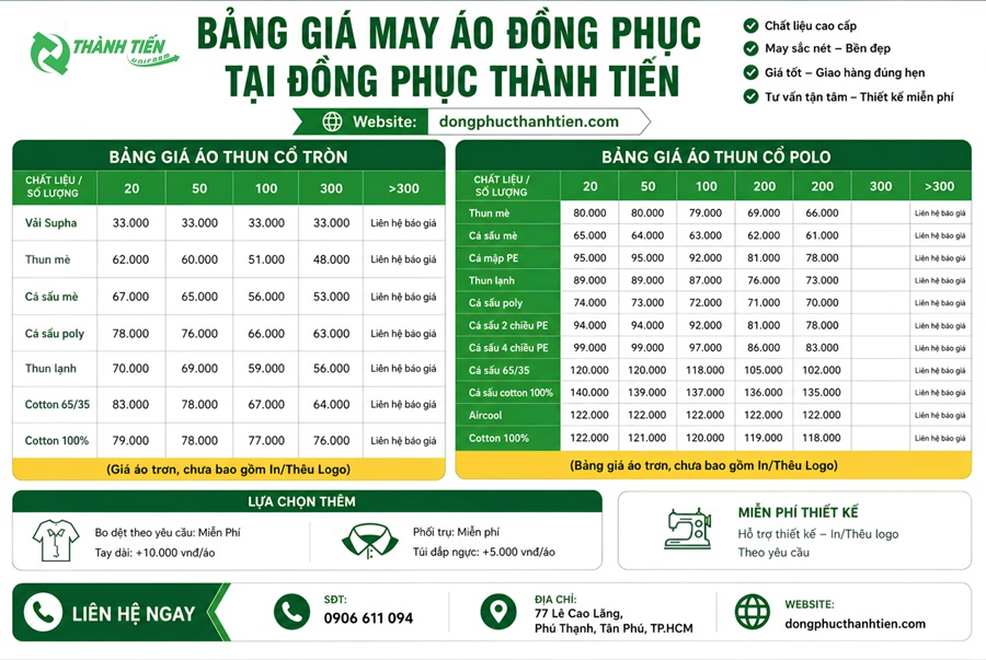 Bảng giá tham khảo may áo đồng phục quận tân phú
