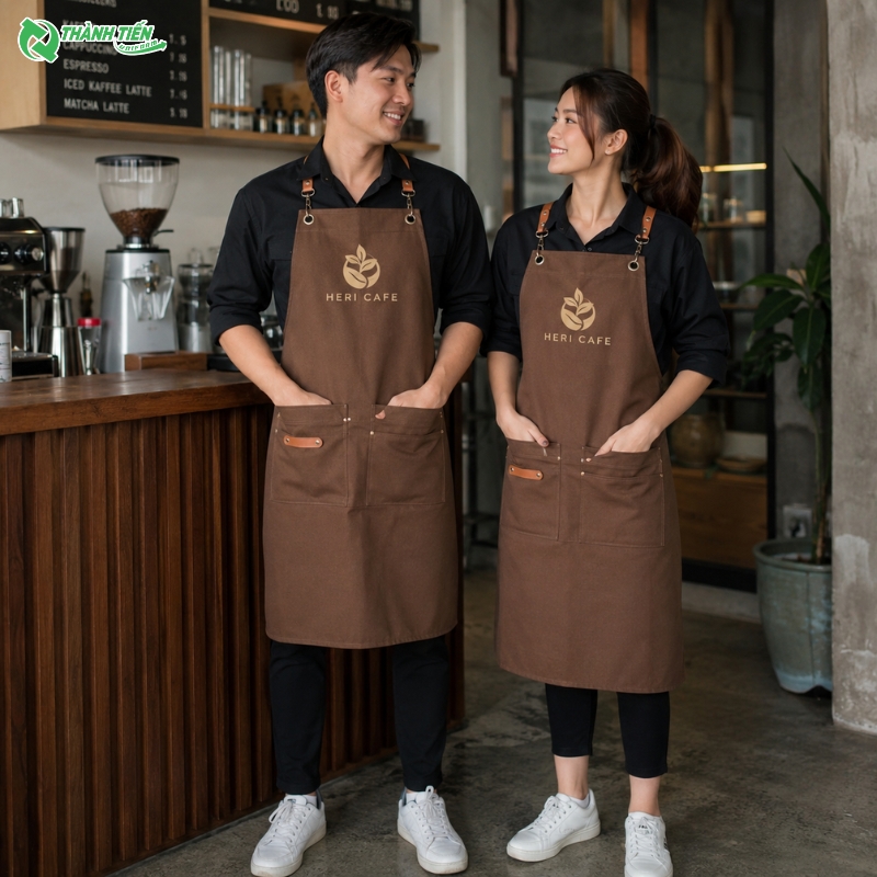 Tạp dề màu nâu nhiều túi tiện dụng dành cho nhân viên phục vụ và pha chế.