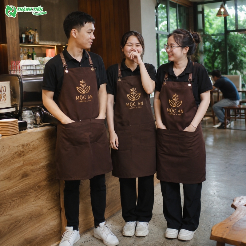 Tạp dề màu nâu in logo theo yêu cầu, nâng cao khả năng nhận diện thương hiệu