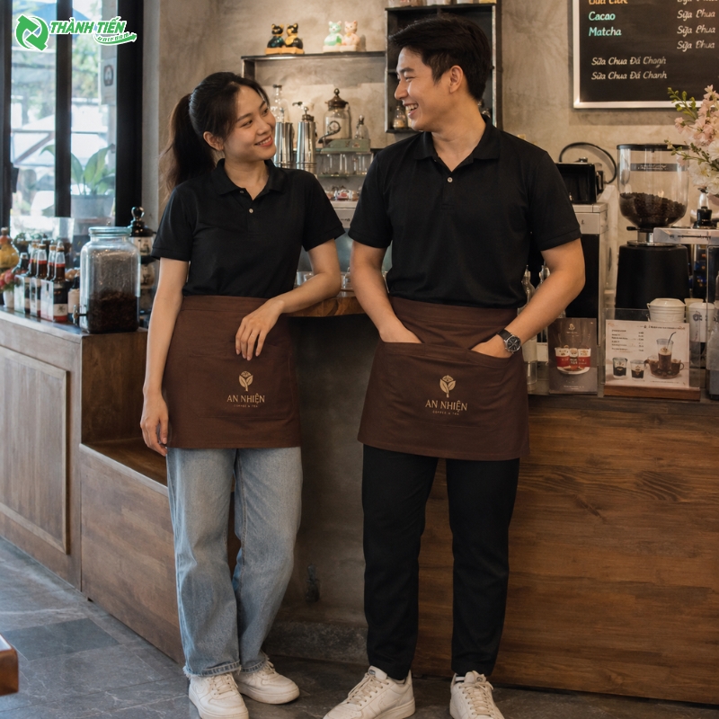 Mẫu tạp dề phục vụ ngắn màu nâu có túi