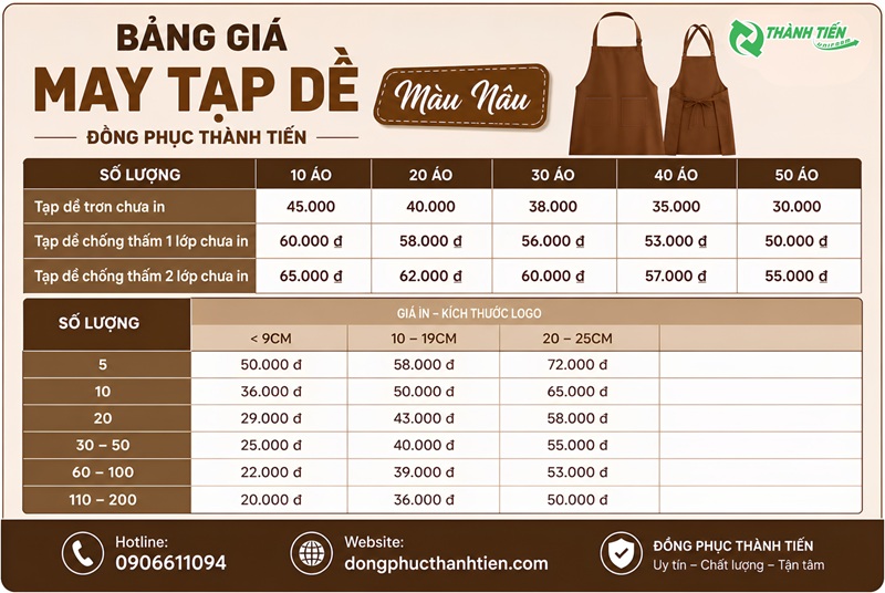 Bảng giá tạp dề màu nâu đa dạng chất liệu như kaki, canvas và jean