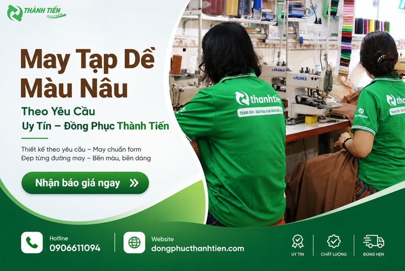 Xưởng may tạp dề màu nâu chuyên nhận thiết kế, in thêu logo theo yêu cầu