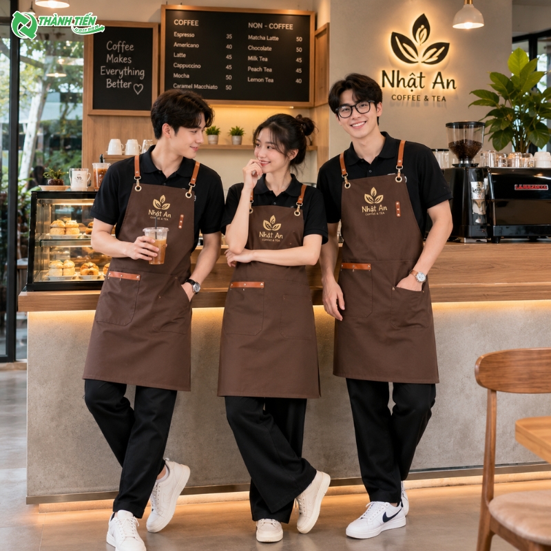 Tạp dề màu nâu phối da cao cấp là lựa chọn hoàn hảo cho quầy bar và nhà hàng