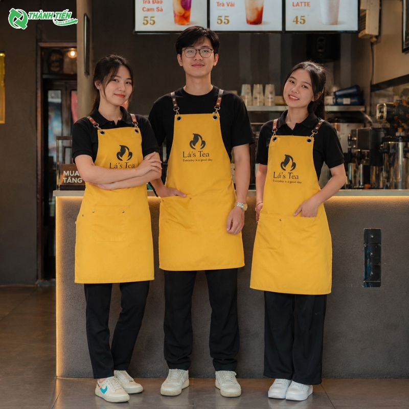 May tạp dề quán trà sữa chất lượng cao, thiết kế theo nhận diện thương hiệu