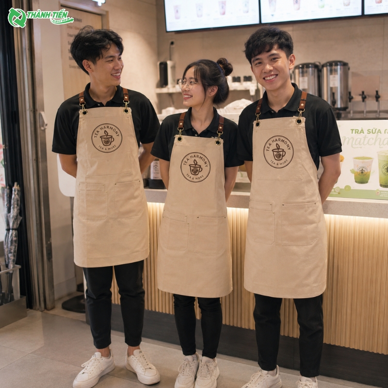 Tạp dề phục vụ quán trà sữa thiết kế đẹp, dễ dàng in thêu logo.