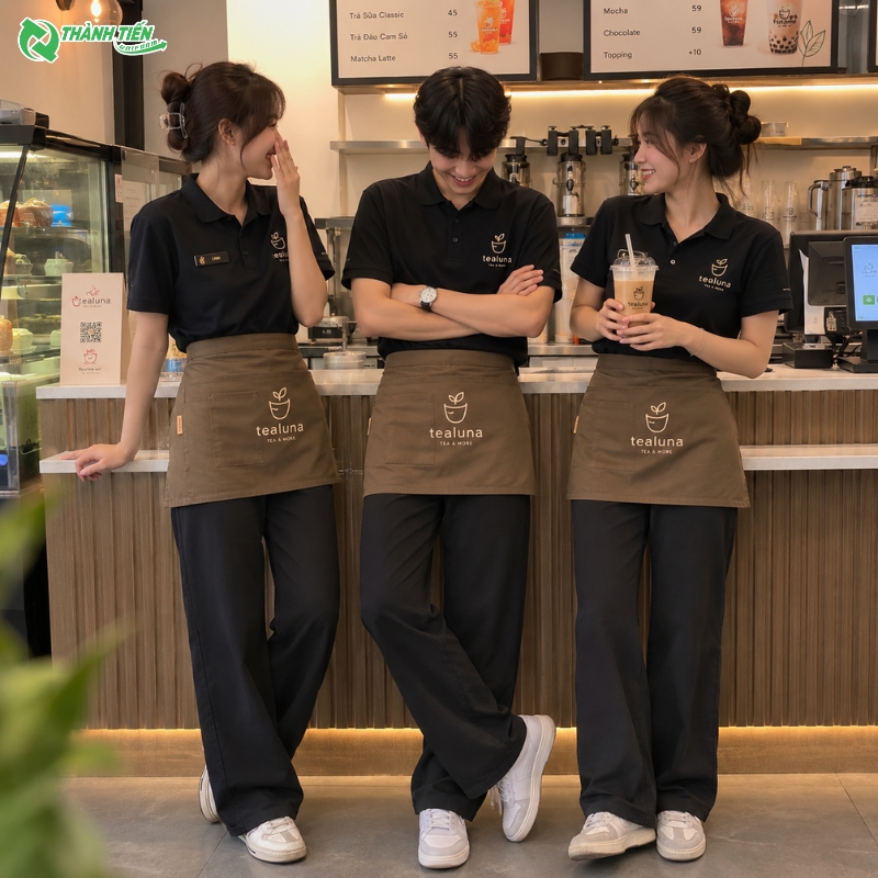 Mẫu tạp dề trà sữa in logo theo yêu cầu được nhiều quán lựa chọn hiện nay