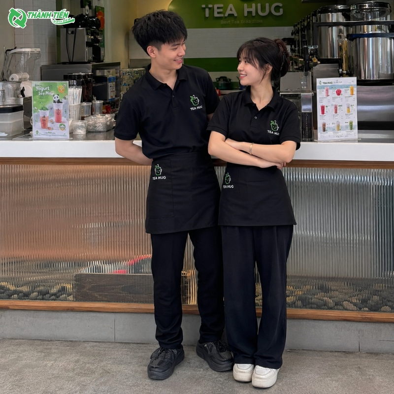 Tạp dề quán trà sữa đẹp giúp nâng tầm hình ảnh thương hiệu chuyên nghiệp.