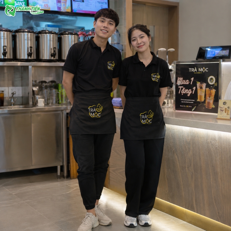 Tạp dề quán trà sữa hiện đại giúp nâng cao trải nghiệm khách hàng.