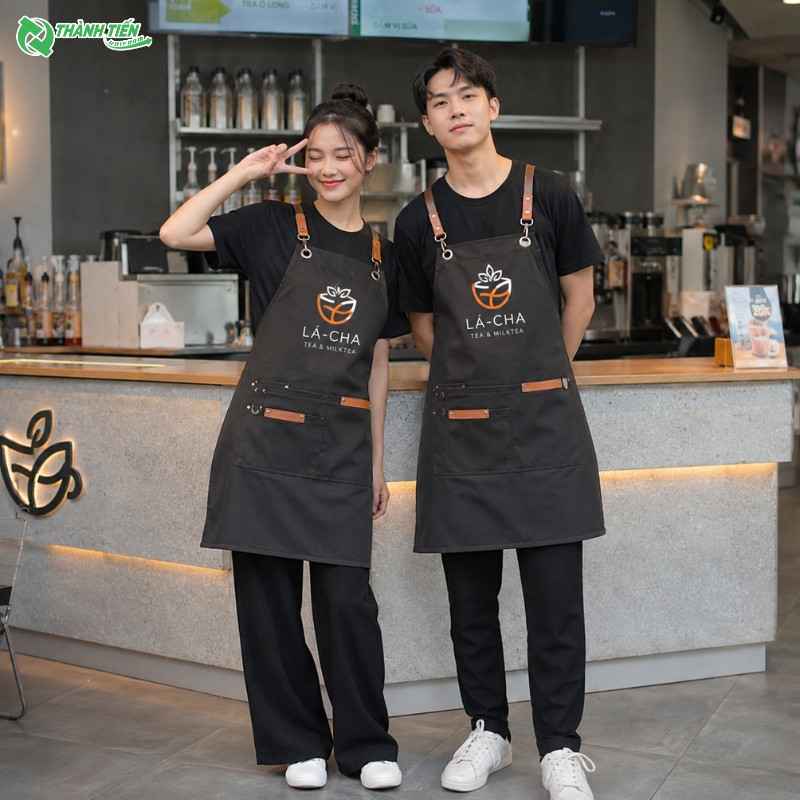 Tạp dề phục vụ quán trà sữa thiết kế đẹp, dễ dàng in thêu logo.