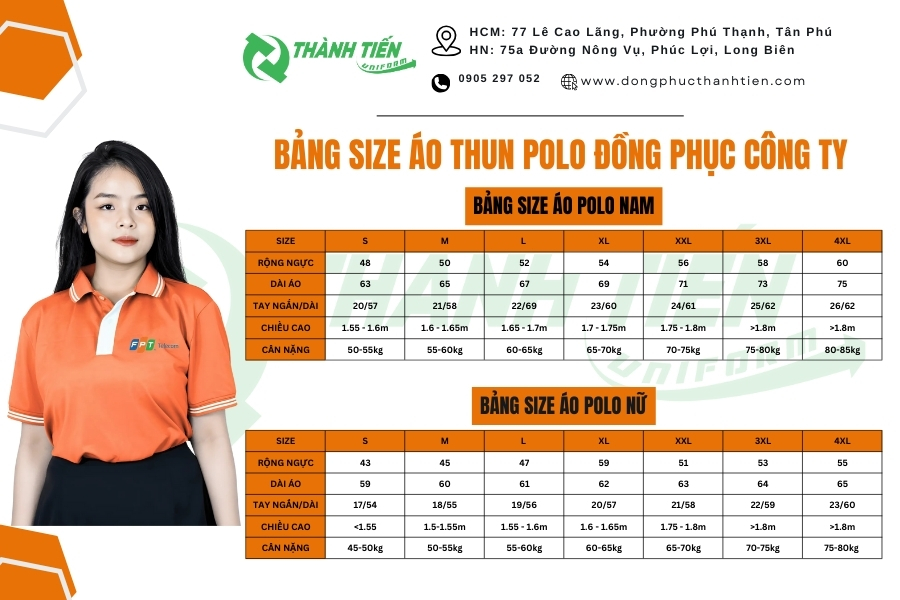 bảng size may áo thun đồng phục mới nhất 
