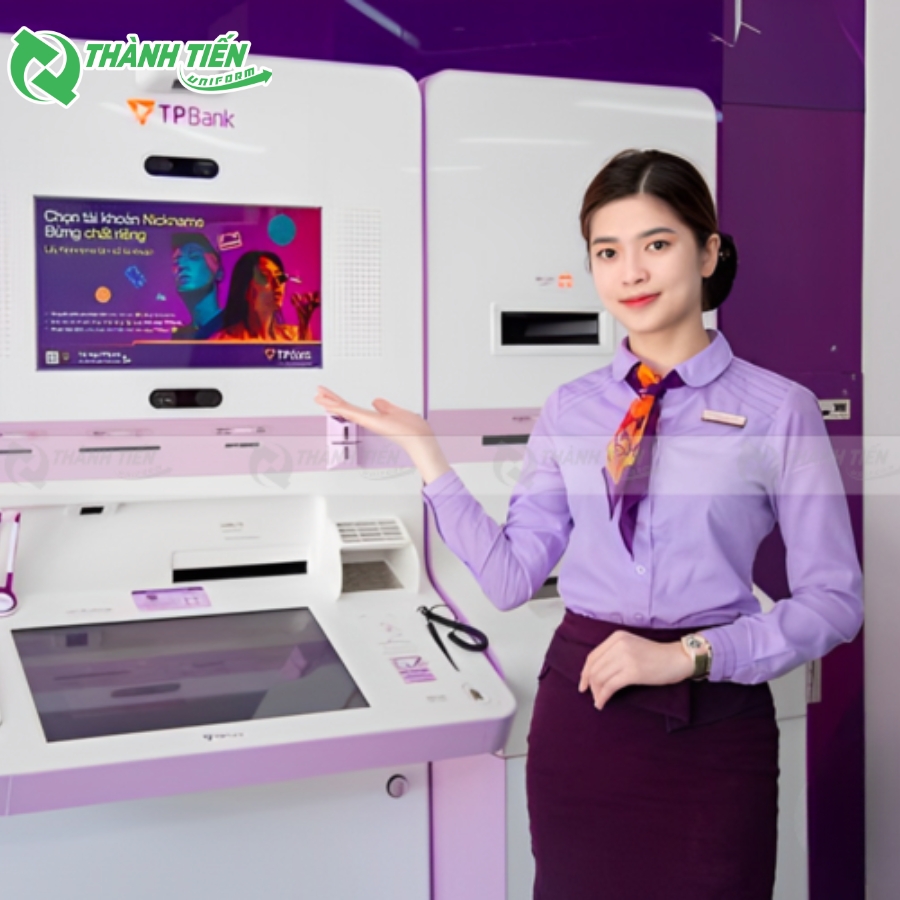 Áo sơ mi nữ được kết hợp cùng chân váy màu tím và chiếc nơ tạo sự thanh lịch