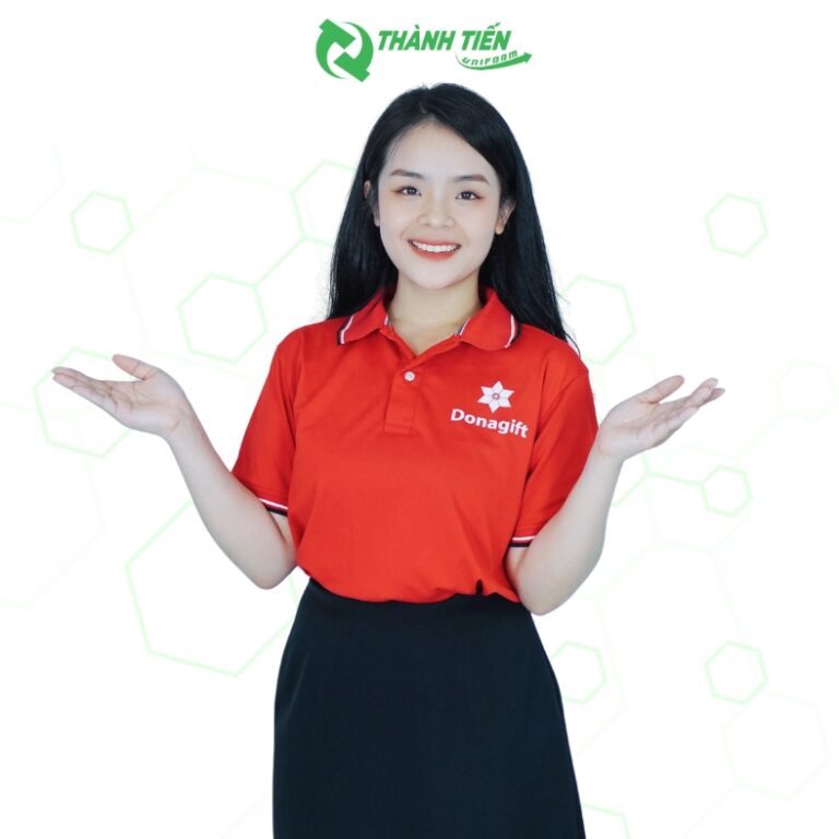 Mẫu áo đồng phục công ty Donagift màu đỏ nổi bật