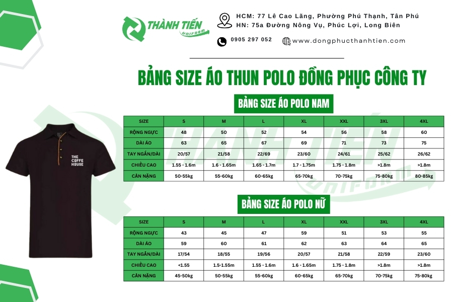Bảng size áo thun đồng phục The Coffee House