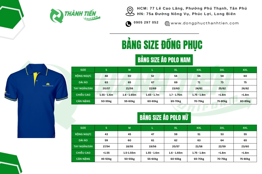 Bảng size may áo thun đồng phục cho hãng hàng không Vietnam Airlines mới nhất