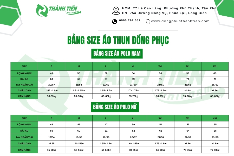 Bảng size may áo thun đồng phục Đại học Công nghiệp TP.HCM