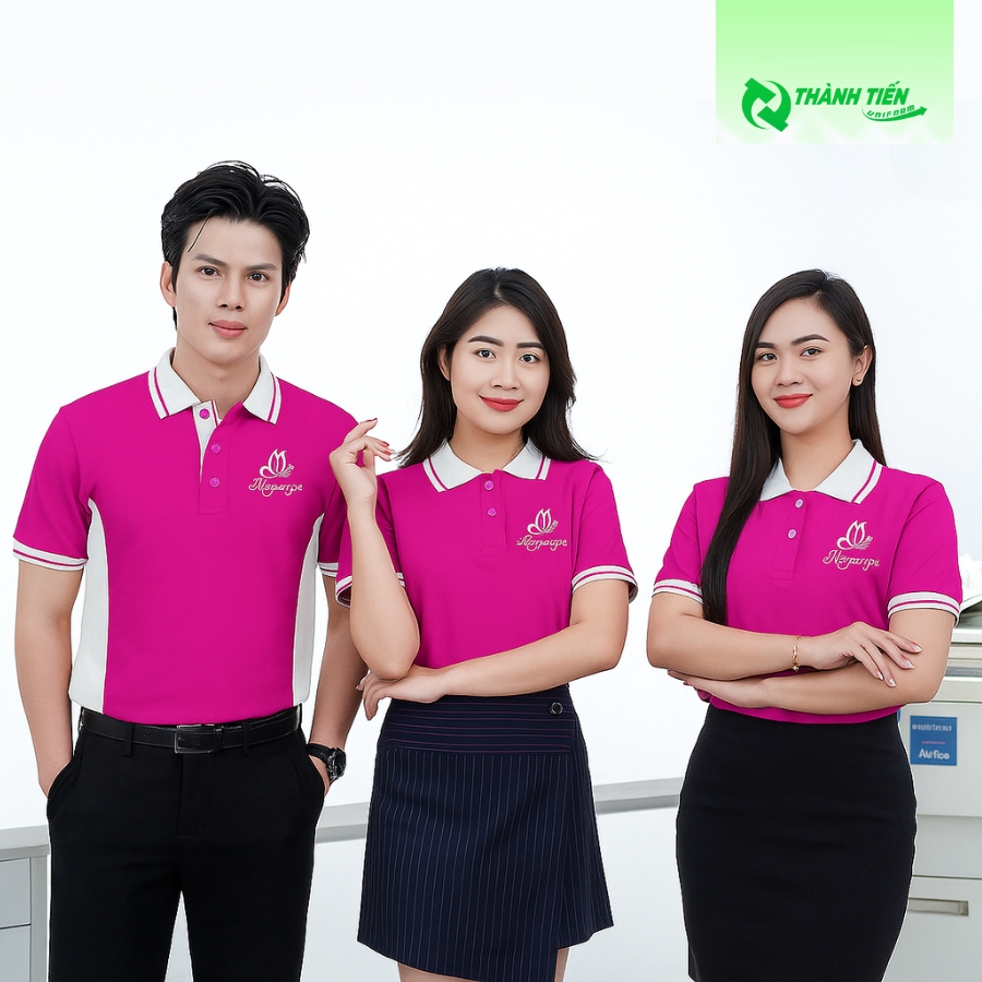 Mẫu áo đồng phục màu hồng phối viền cổ trắng cao cấp