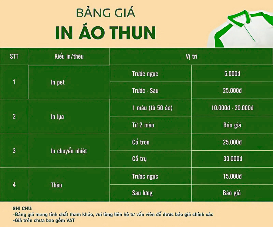 Bảng giá tham khảo in áo thun đồng phục