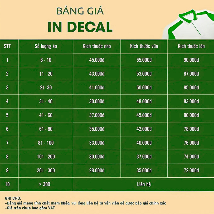 Bảng báo tham khảo giá in decal nhiều màu