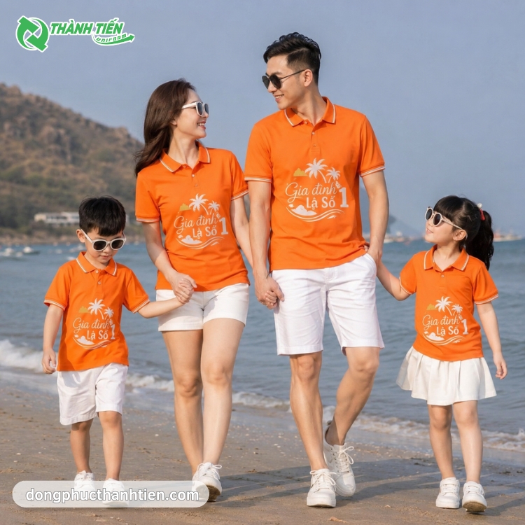 Mẫu áo phông polo màu cam đẹp cho gia đình