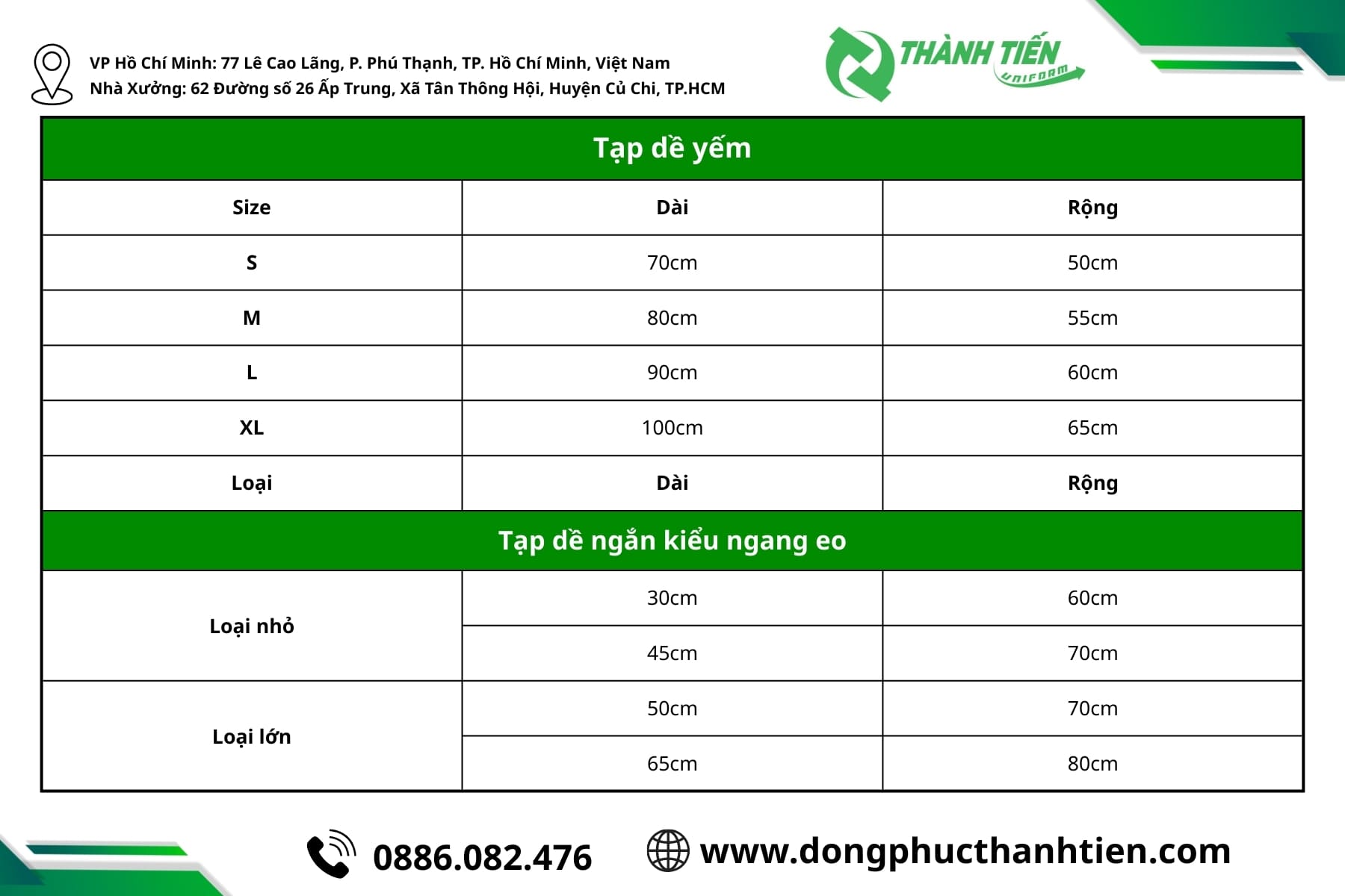 Bảng size tạp dề màu nâu 