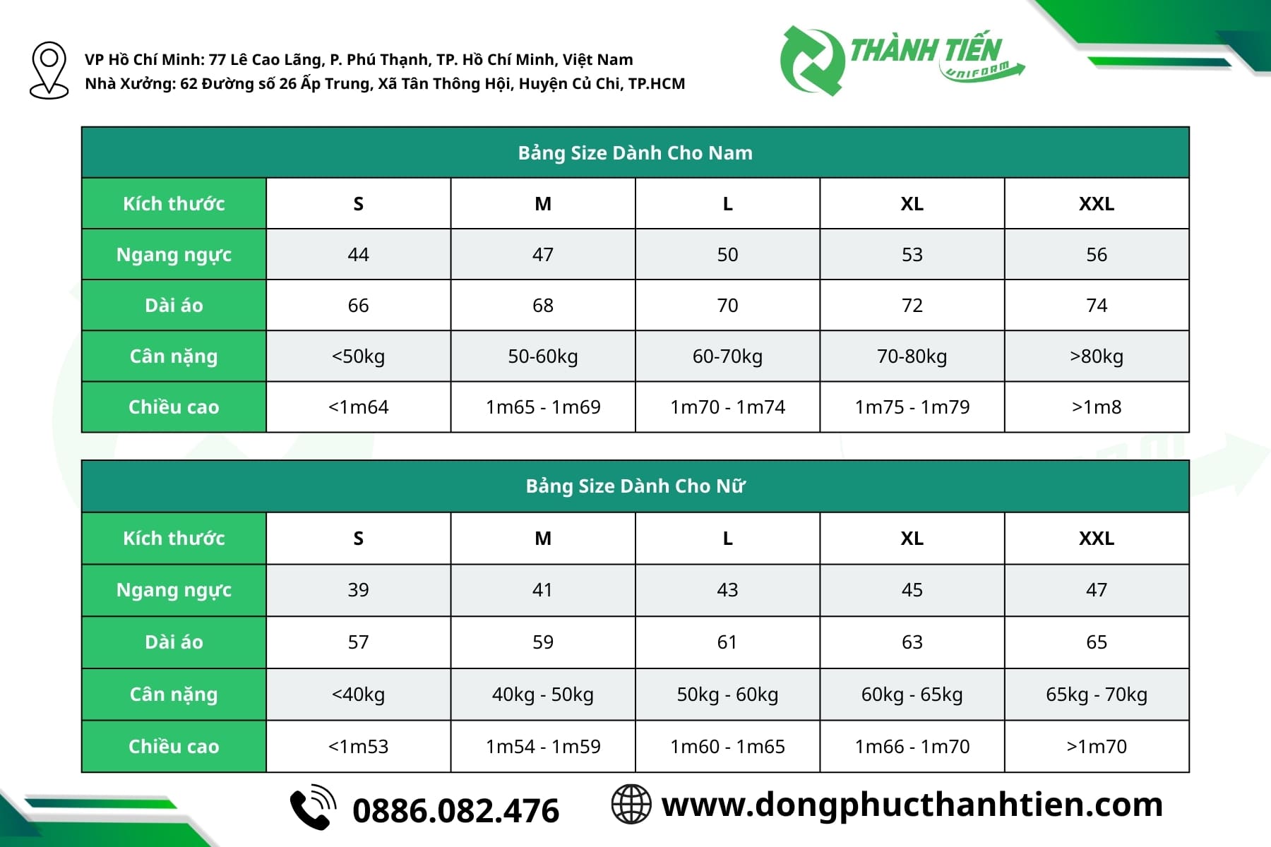Bảng size may đồng phục nhân viên công ty nội thất chuẩn nam/nữ