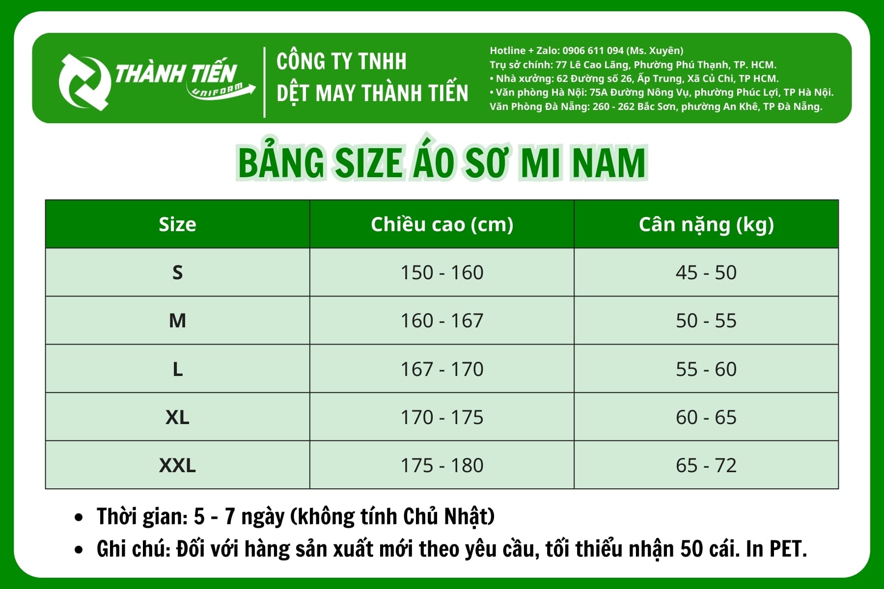 Bảng size đồng phục sơ mi nam