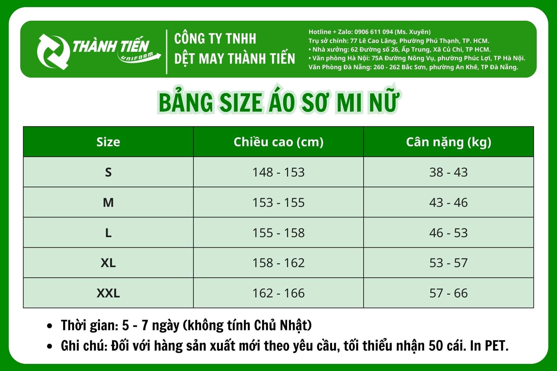 Bảng size đồng phục sơ mi nữ