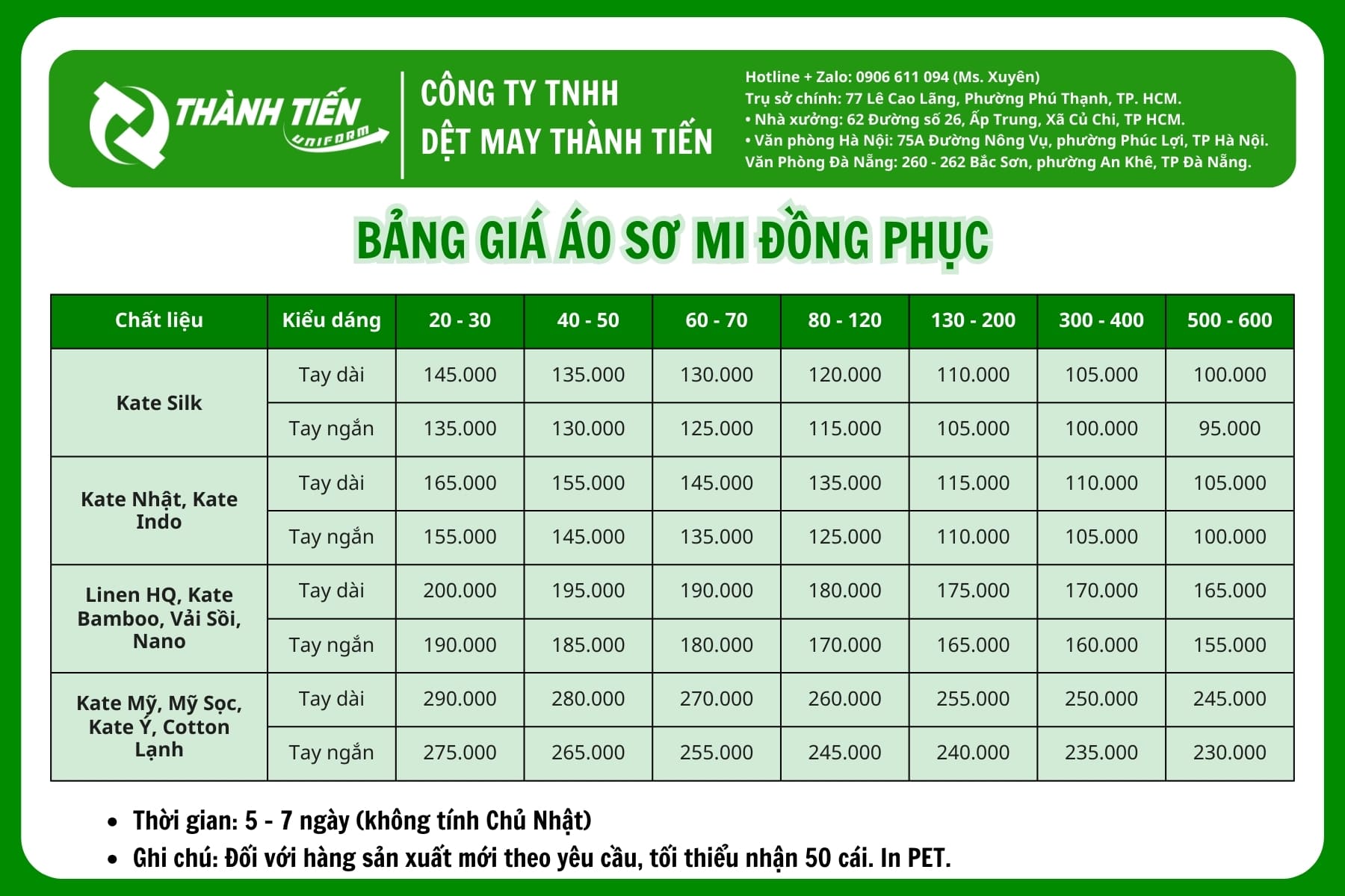 Bảng giá may áo sơ mi tay dài, tay ngắn