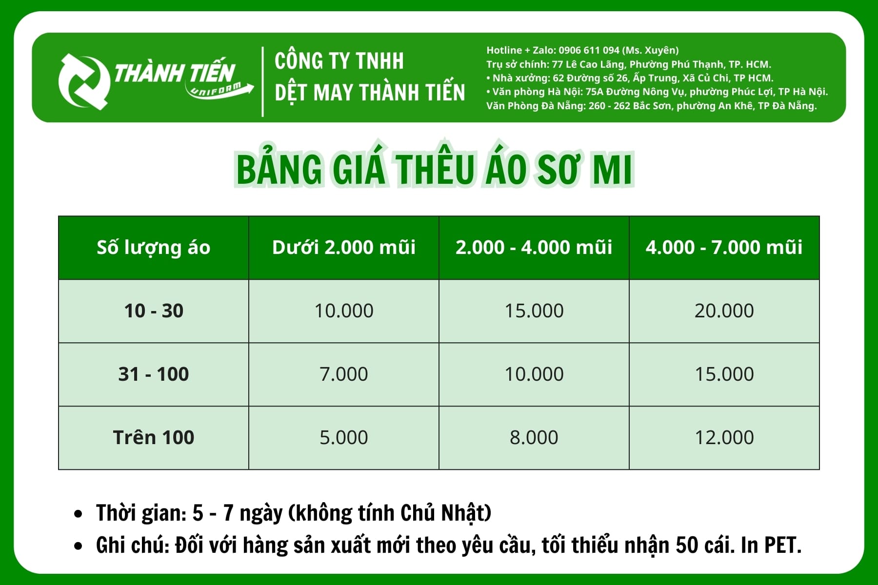 Bảng giá thêu logo áo sơ mi đồng phục cao cấp