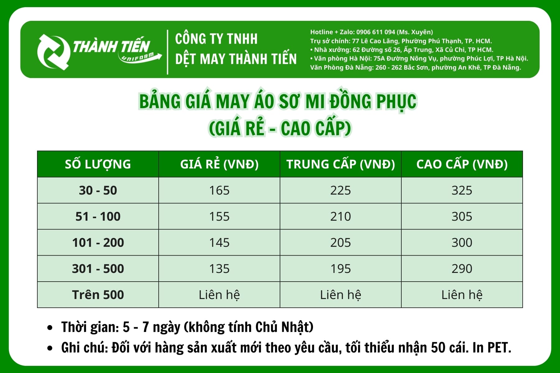 Bảng giá may áo sơ mi đồng phục giá rẻ – cao cấp