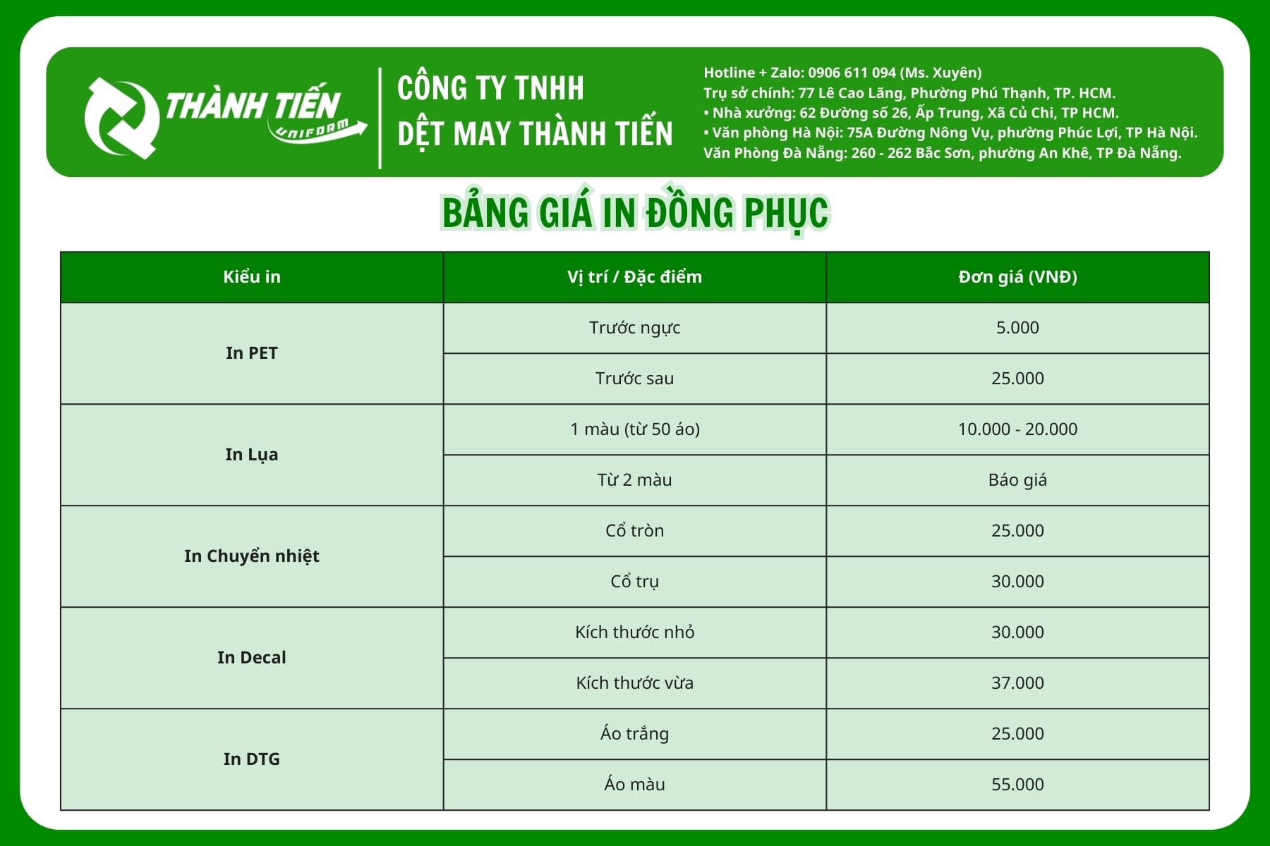 Bảng giá in áo sơ mi đồng phục theo yêu cầu