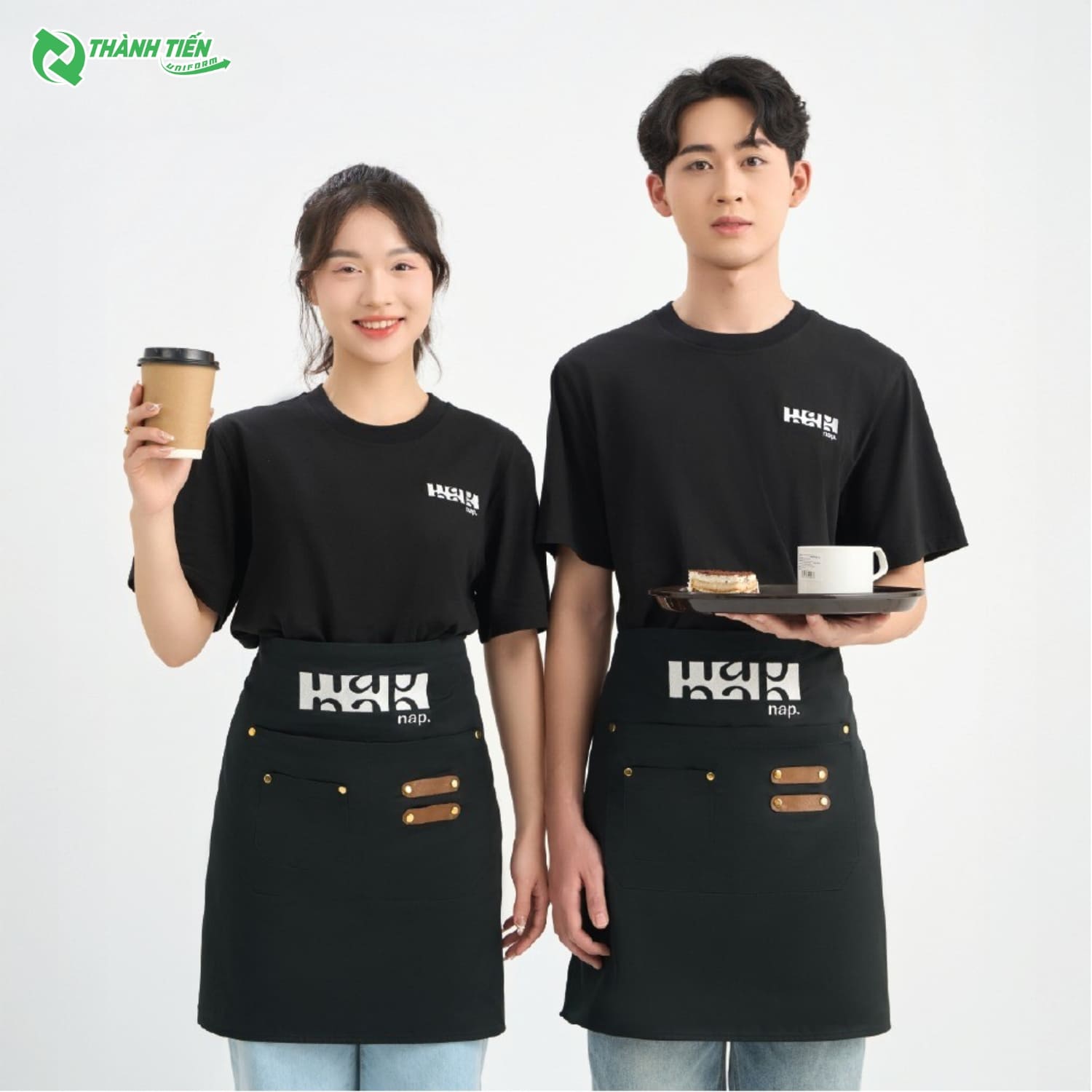 Mẫu tạp dề nửa người màu đen in logo đẹp