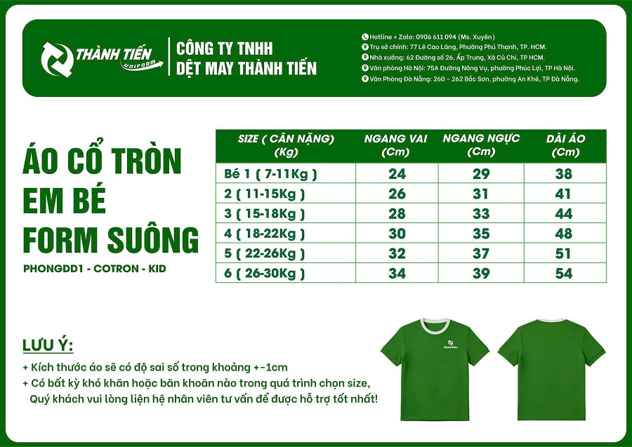 Bảng size áo cổ tròn form suông