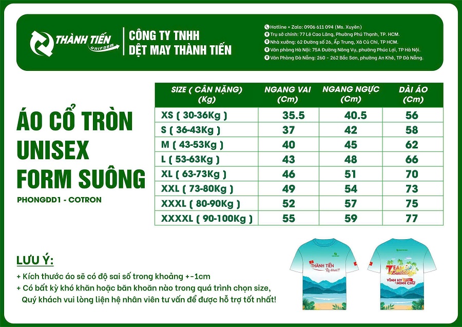Bảng size áo đồng phục nhóm form suông
