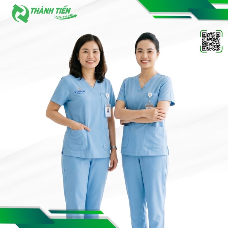 Bộ đồ Scrubs cổ tim màu xanh dương nhạt