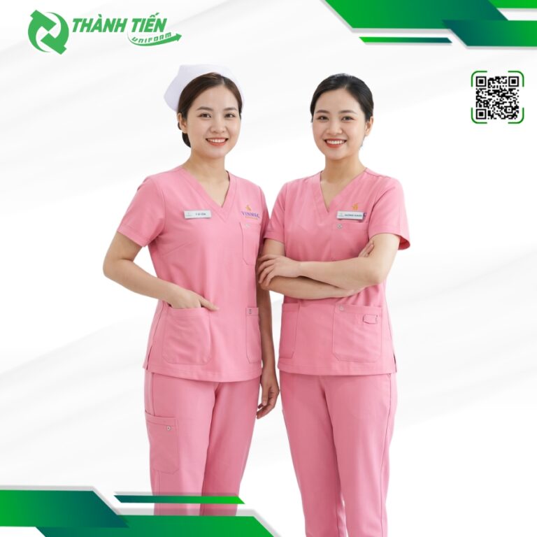 Bộ đồ Scrubs cổ tim màu hồng