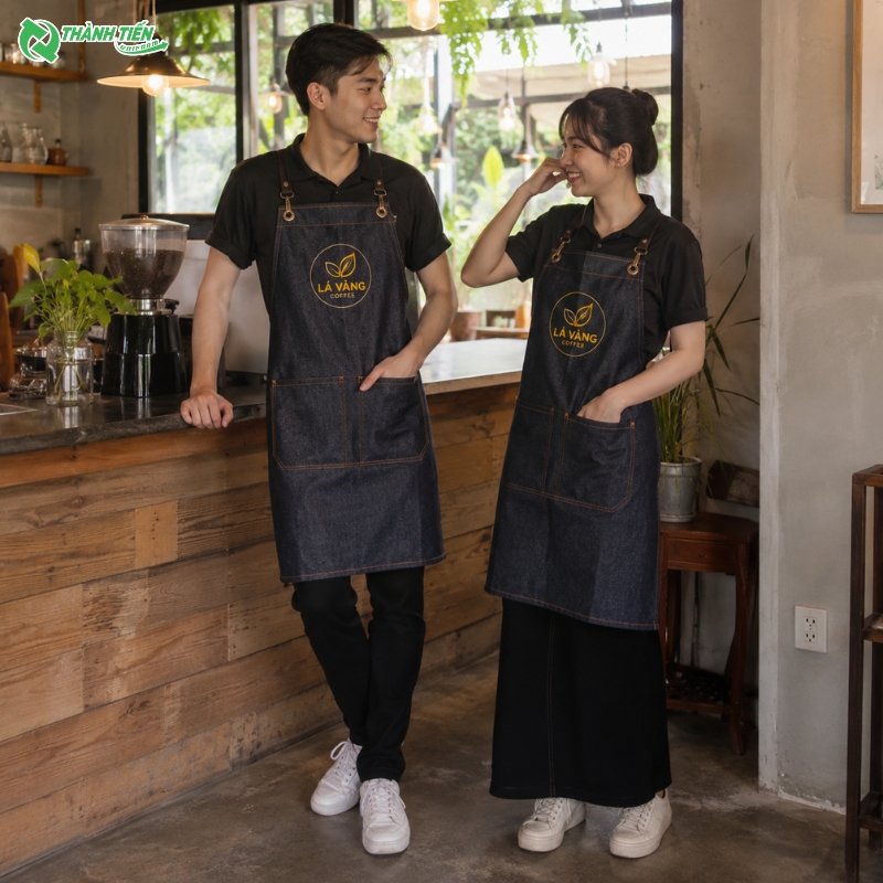 Tạp dề quán cafe thiết kế riêng theo nhận diện thương hiệu.