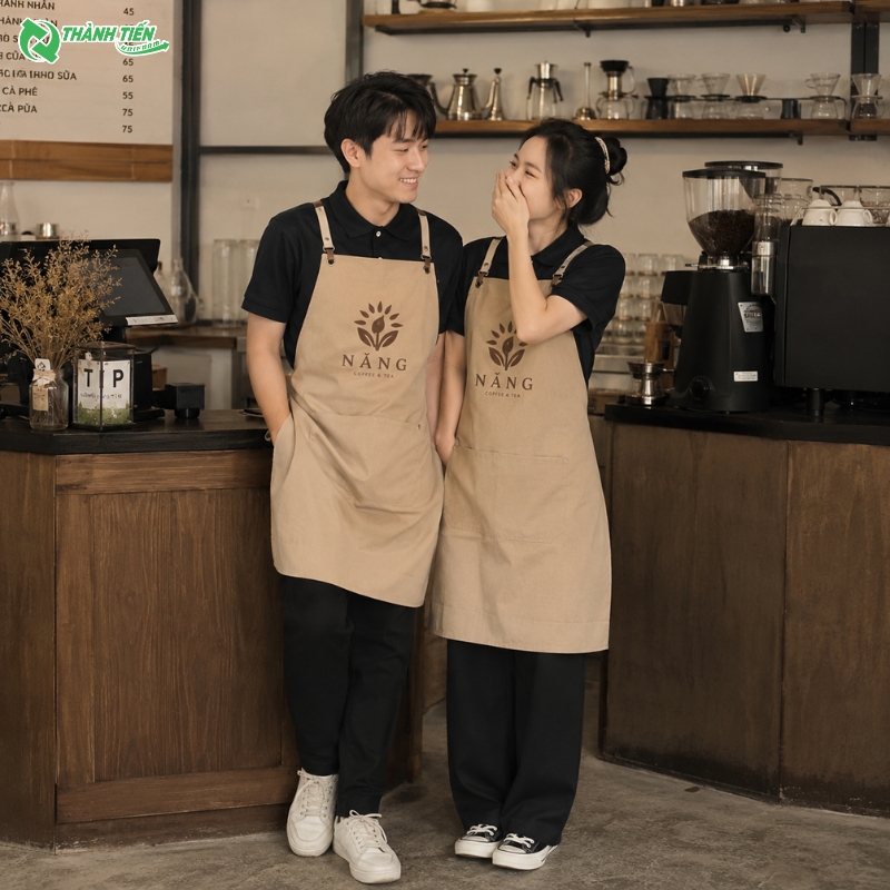 Mẫu tạp dề đẹp cho quán cafe in logo thương hiệu.