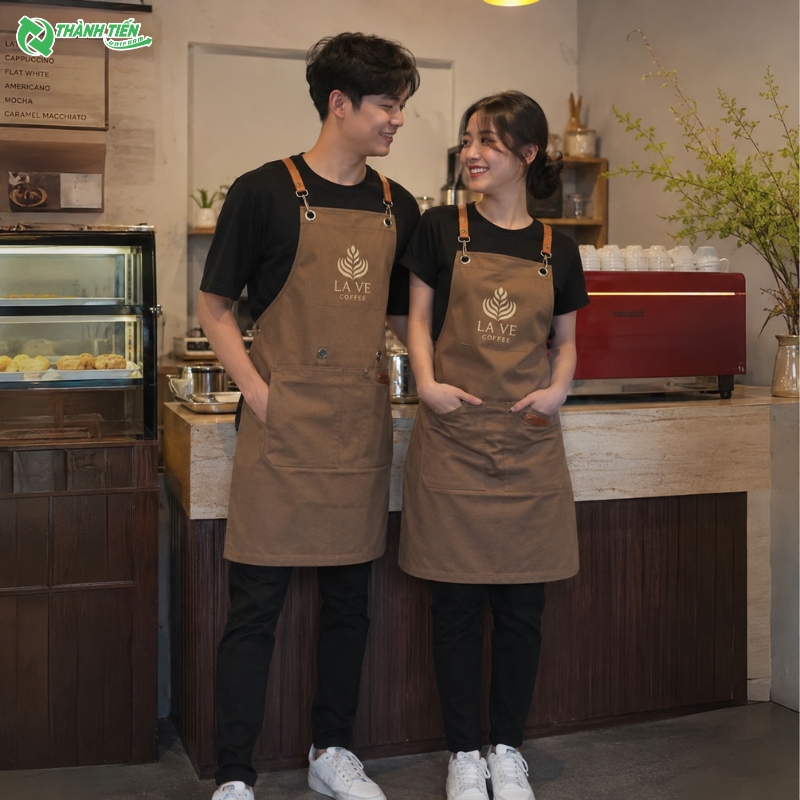 Mẫu tạp dề quán cafe màu nâu phong cách Vintage.