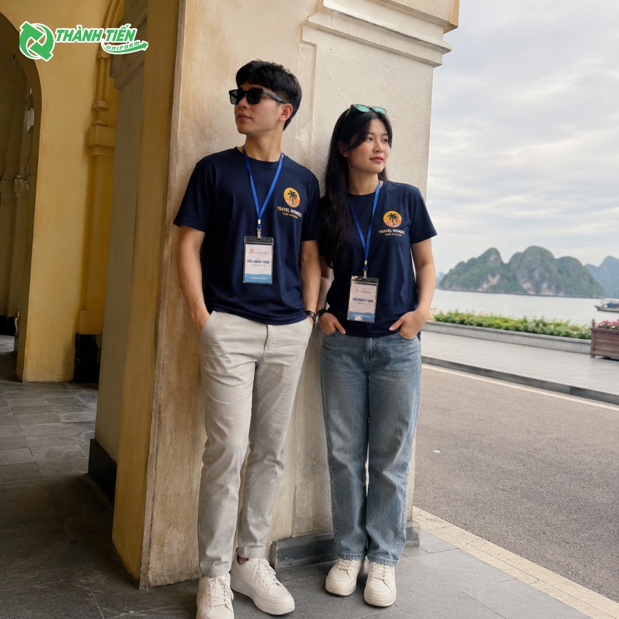 Mẫu áo thun cổ tròn đồng phục nhân viên du lịch màu xanh đen 