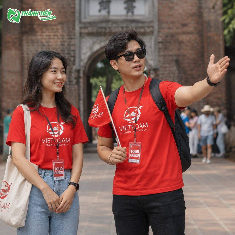 Mẫu áo thun cổ tròn đồng phục nhân viên du lịch màu xanh đỏ 